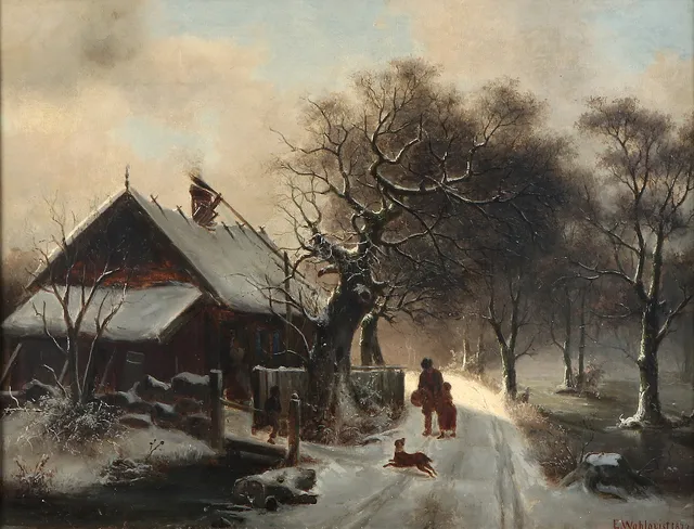 EHRNFRIED WAHLQVIST. Oljemålning på duk. Hus och figurer i vinterlandskap. Signerad och daterad 1877.