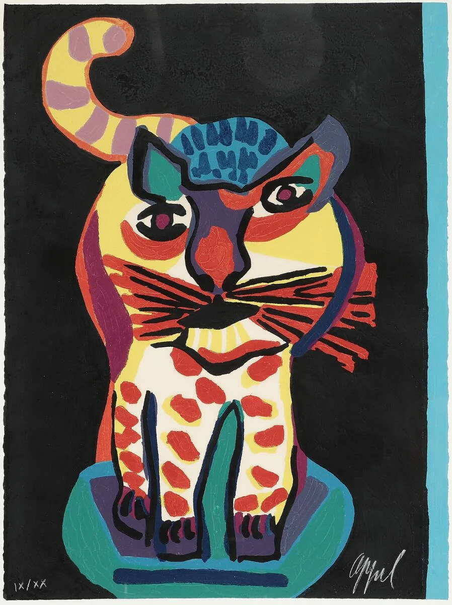 “Le Chat Clown”. Signed Appel, IX/XX. Engraving and carborundum in colours. Sheet size 76×57 cm. — Modern Prints/CoBrA — Bruun Rasmussen