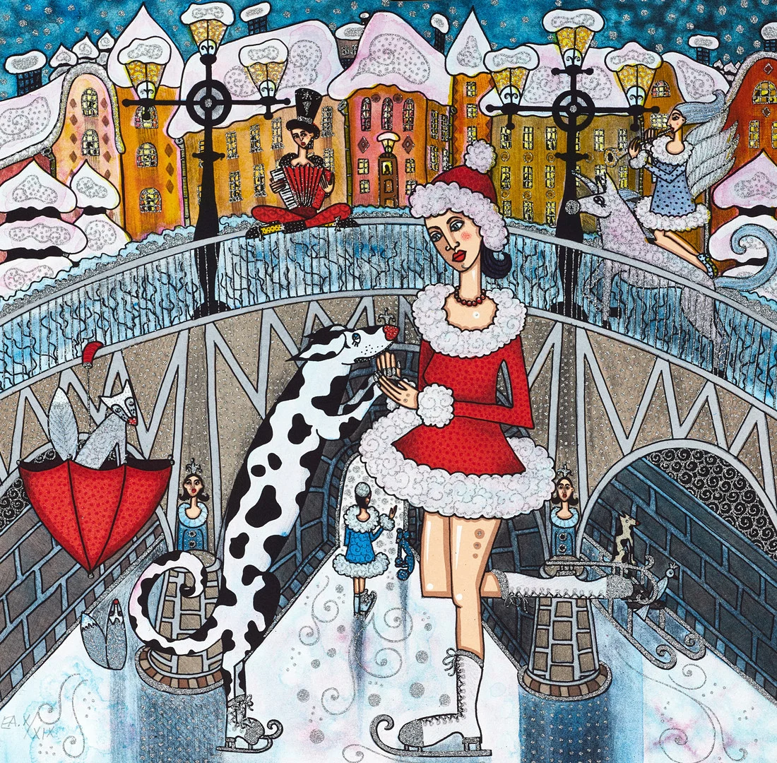 ANGELICA WIIK (född 1960), Isbalett ur Stockholmsdrömmar, signerad, ea, färglitografi med glitter. — Engravings & Prints — Crafoord Auktioner Stockholm