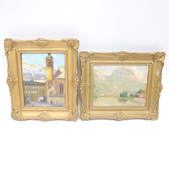 AXEL KLEIMER. Oljemålningar på träskiva 2st, landskap med hus samt stadsbild, signerade och daterad 1921 respektive 1926.