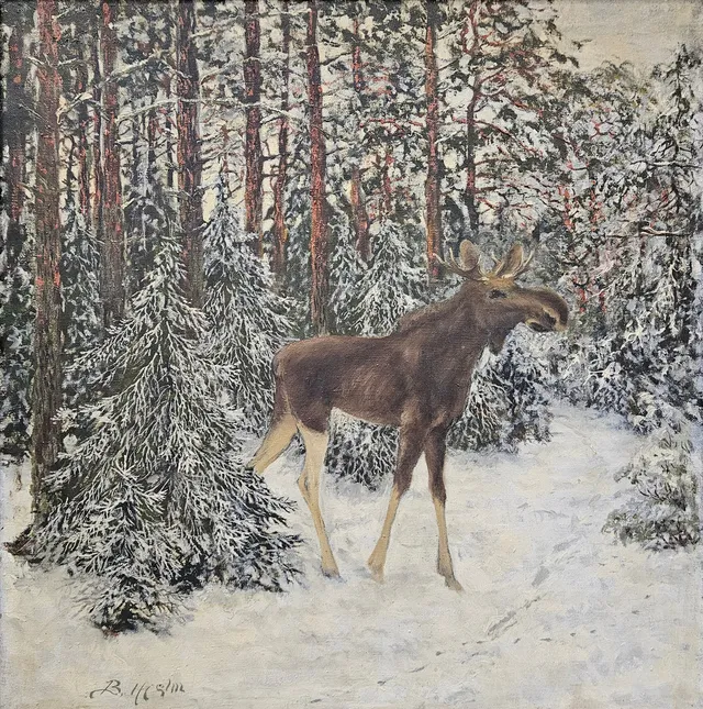 BIRGER HJELM. Älg i vinterlandskap. Olja på duk, signerad B. Hjelm.