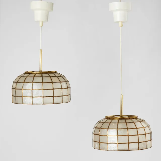 ANDERS PEHRSON. “Knubbling Special”, ceiling lamps, a pair, Ateljé Lyktan, Åhus 1970s, brass with seashell shades.