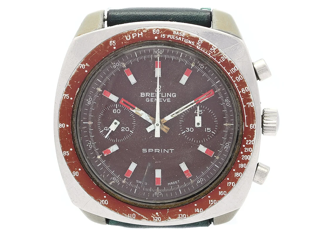 BREITLING, Geneve, Sprint, "Pulsations", Cal Valjoux 7730, Ref nr. 2016, kronograf, herrur, 40 mm, glasfiber/stål, manuell, plexiglas, skadad urtavla/visare, läderband, ca 1972. — Klockor/Breitling — Kaplans