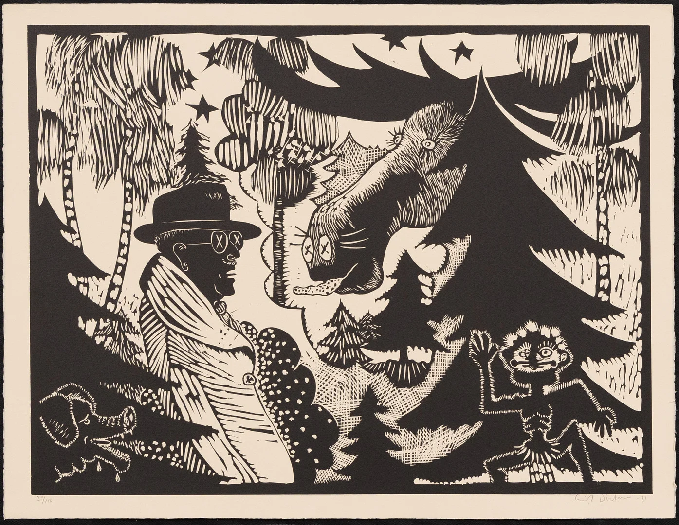 ERIK DIETMAN (1937-2002). "Gustav V och älgen", litografi 29/110 signerad och daterad -81. — Engravings & Prints — Garpenhus Auktioner