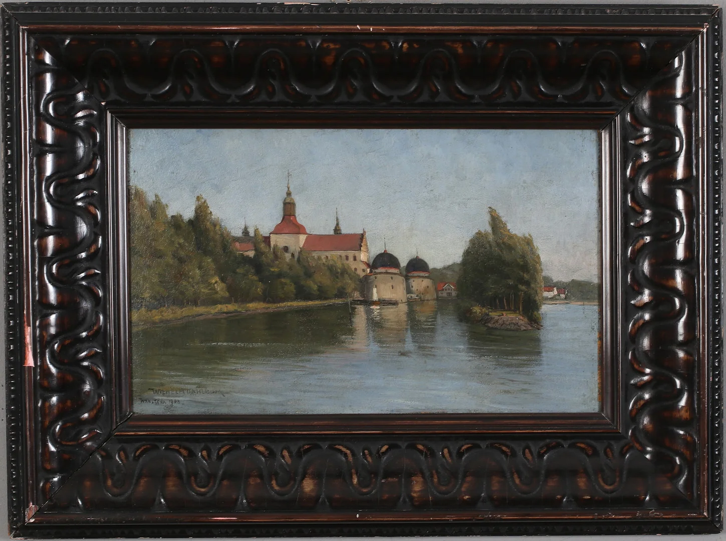 WILHELM DAHLBOM. Vadstena slott, olja på pannå, signerad och daterad 1900. — Paintings — Stadsauktion Sundsvall