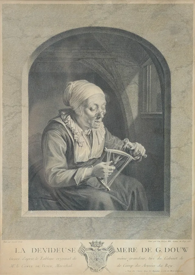 JOHANN GEORG WILLE. "Garnvindaren", kopparstick efter Gerrit Dou, original från 1755, senare avdrag.
