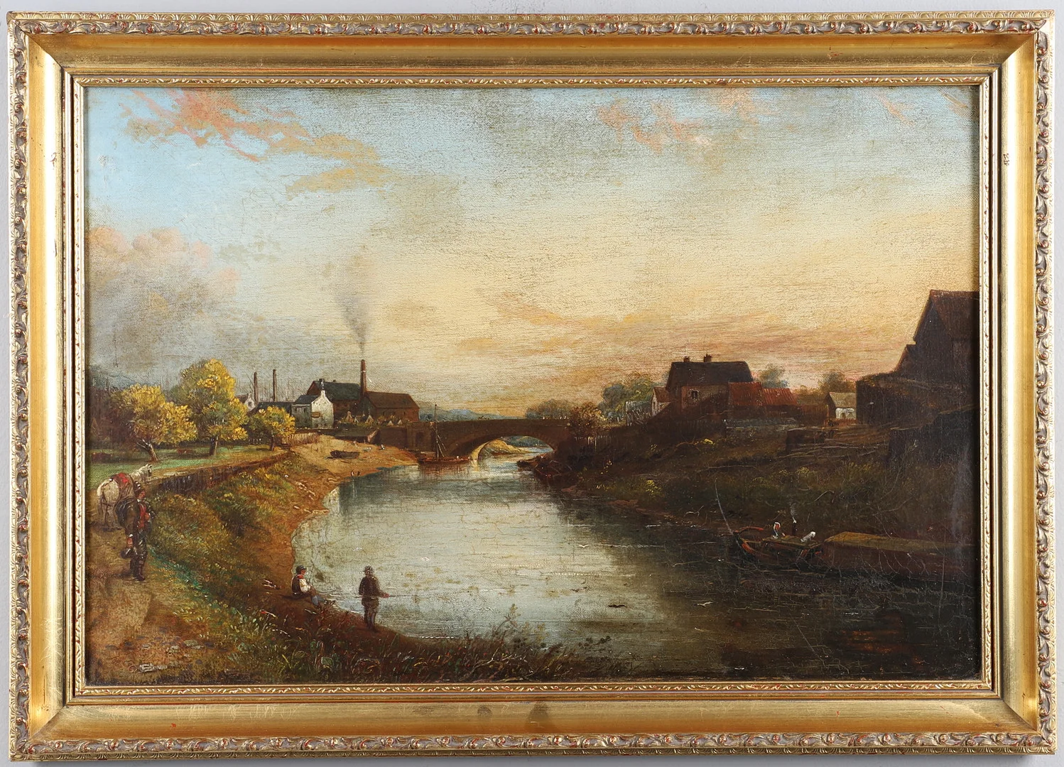 FOLLOWER OF EDWARD WILLIAMS (1781-1855). SCENE ON A CANAL, POSSIBLY GLOUCESTERSHIRE, WITH A BARGE, FARM BUILDINGS, FISHERMEN ETC. — Paintings — Lawrences Auctioneers