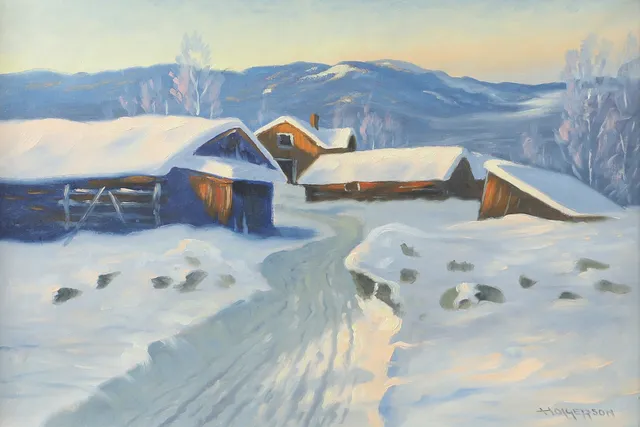 OIDENTIFIERAD KONSTNÄR. Vinterlandskap med hus, olja på duk, signerad Holgerson.