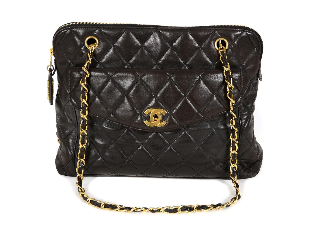 VÄSKA, CHANEL, vintage, Classy Shopping Tote Bag, brun lammnappa 32x26x10 cm, dustbag. Hologrammärkt 428807. — Accessoarer/Väskor — Kaplans