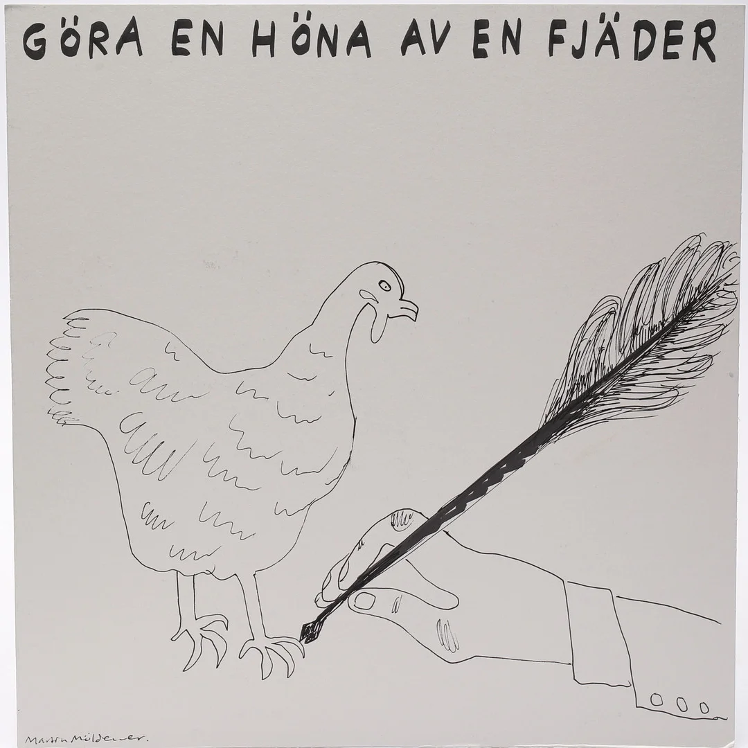 MARTIN MÖLDENER. "Göre en höna av en fjäder", tusch på passepartout, signerad och daterad. — Drawings — Gomér & Andersson Linköping