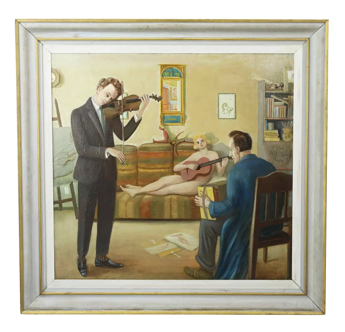 GÖSTA BOHM. Olja på pannå, "Musikstund", signerad och daterad 1929. — Paintings — Hälsinglands Auktionsverk