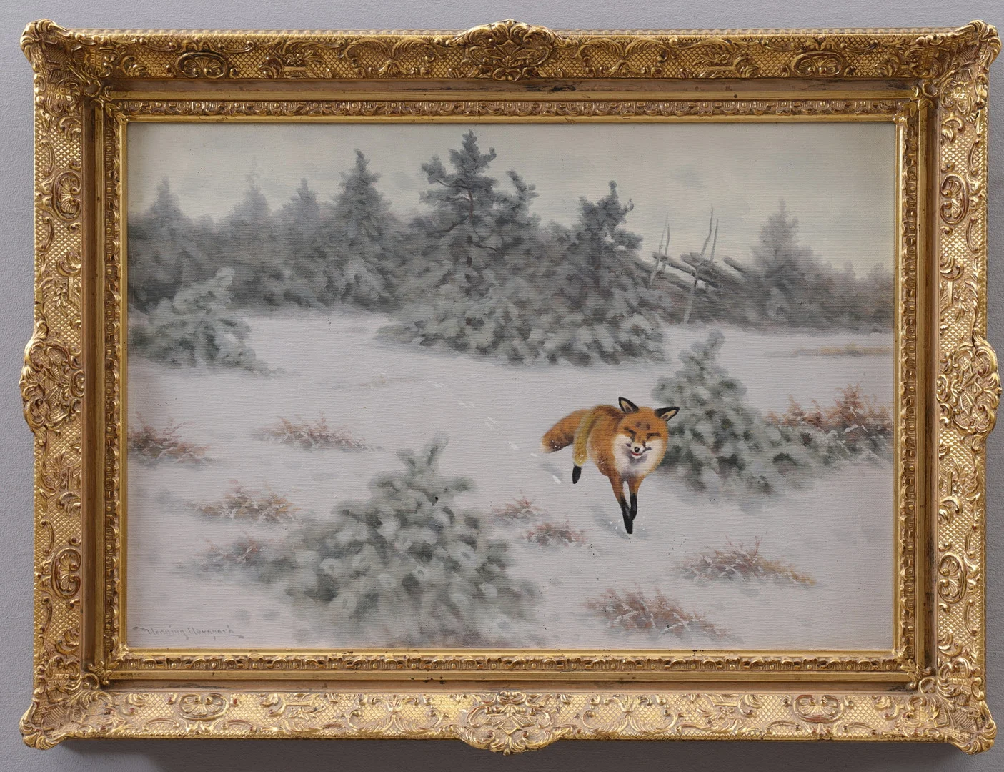 HENNING HOUGAARD. Olja på duk, Räv i vinterlandskap, signerad. — Paintings — Växjö Auktionskammare