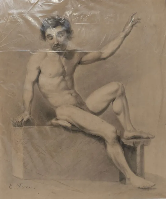 FIRMADO E. FERAU. ACADEMIA. DIBUJO AL CARBONCILLO SOBRE PAPEL.