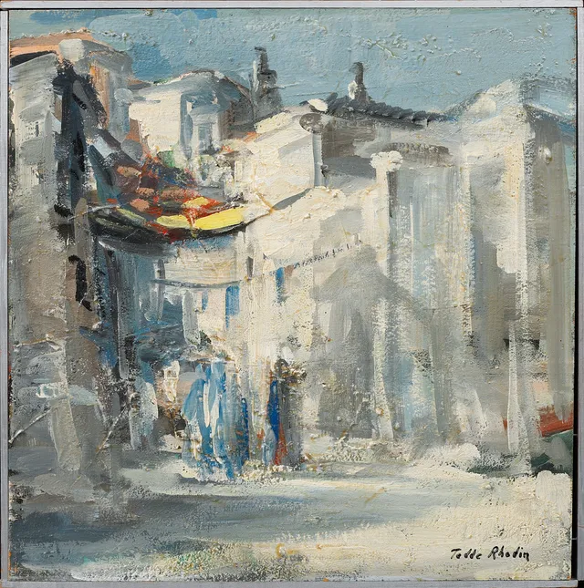 TEDDE RHODIN. Hus och figurer, olja på pannå, signerad.