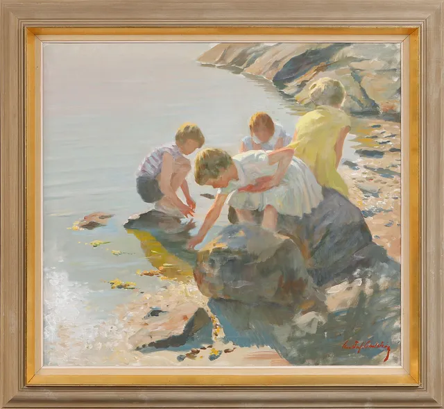 GUSTAF CARLSTRÖM. Barn vid vatten, olja på duk, signerad.