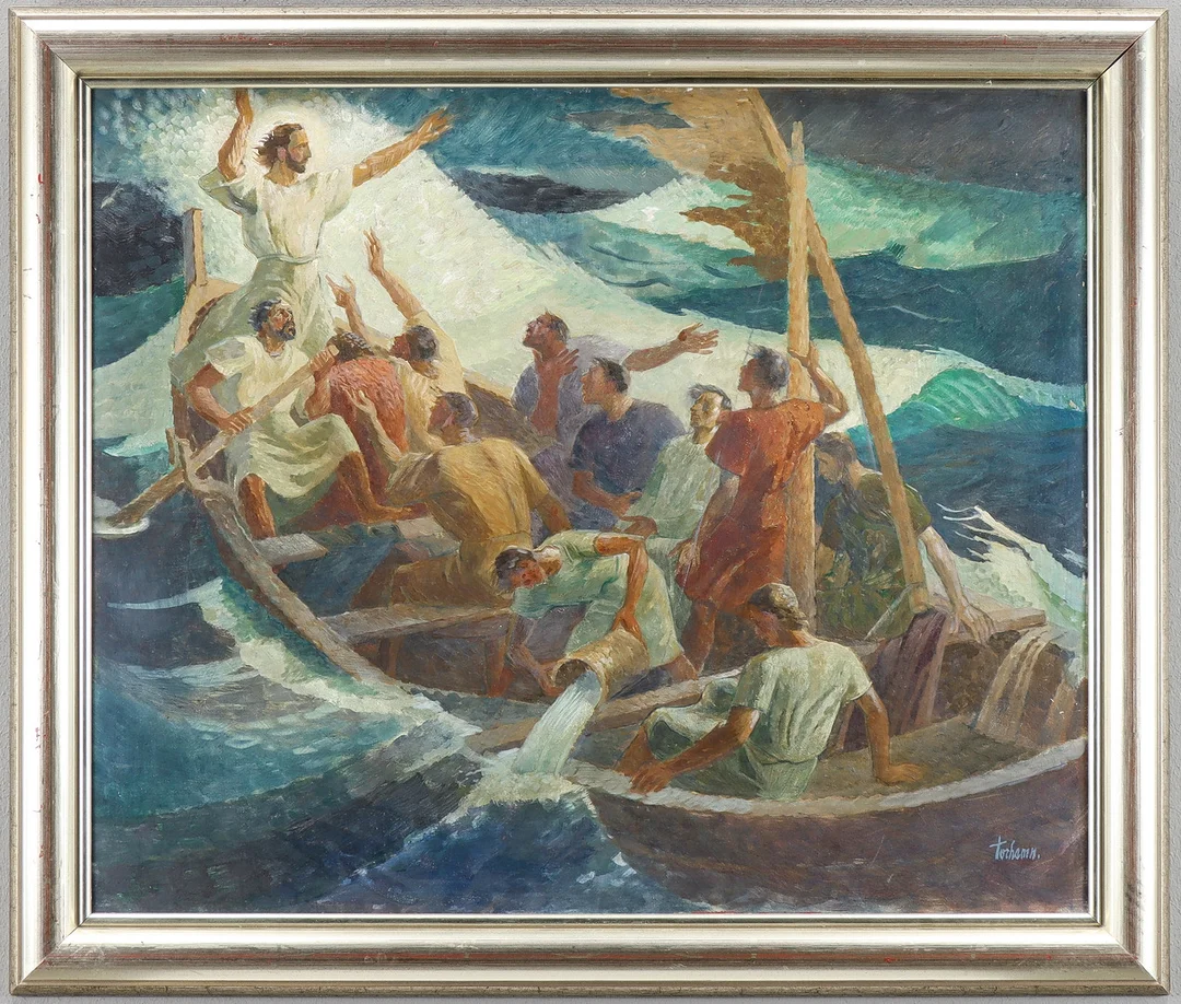 GUNNAR TORHAMN. "Jesus stillar stormen" Olja på pannå, signerad. — Paintings — Karlstad Hammarö Auktionsverk