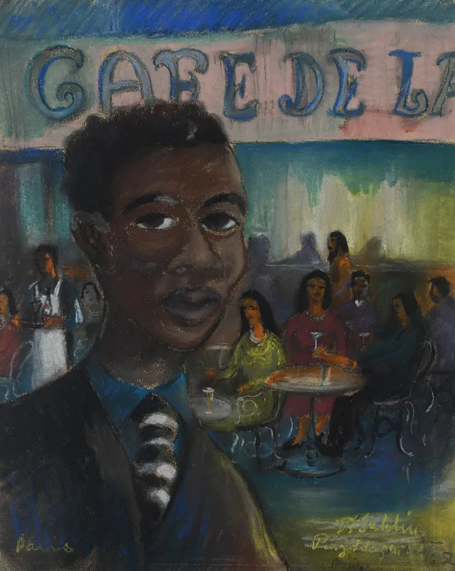 HARRY SAHLIN. Cafémiljö i Paris, Pingstdagen 1952, pastell, signerad samt daterad.