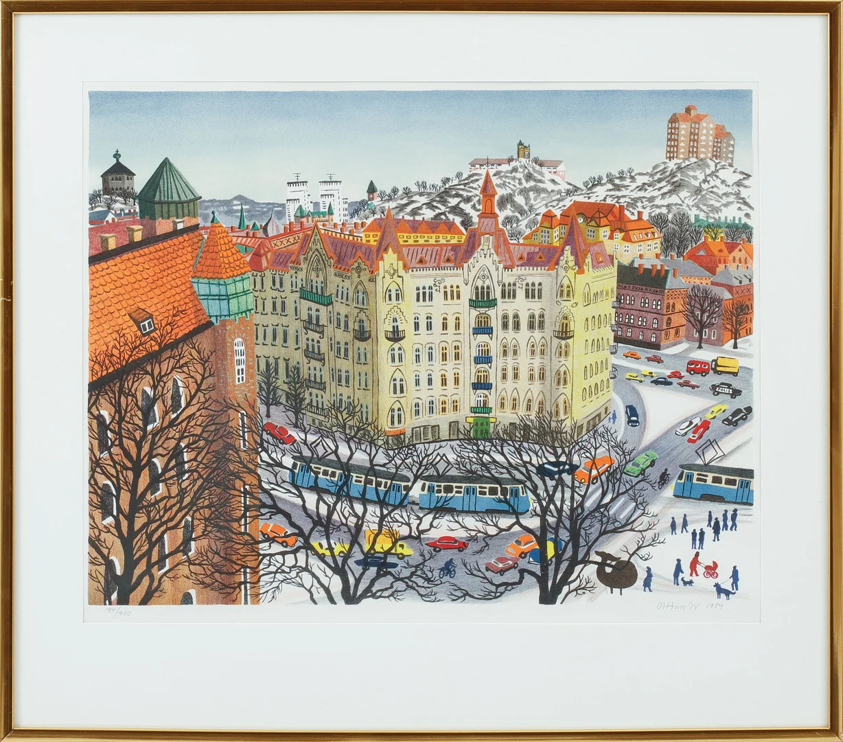 MONA HUSS WALIN. "Så såg det ut - Linnéplatsen 1981", färglitografi, signerad, numrerad 144/400 och daterad 1984. — Engravings & Prints — Göteborgs Auktionsverk