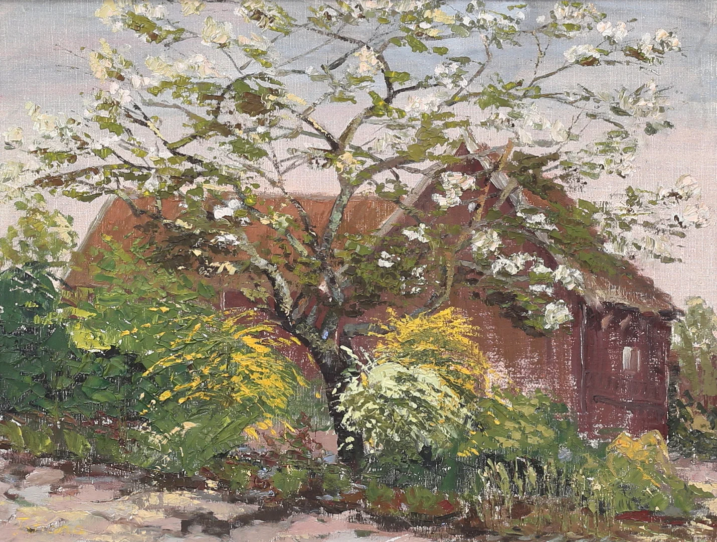 TATIANA KRAUS. "Tage Löfs plantskola, Kalmar". Olja på duk, uppfodrad på pannå, signerad. — Paintings — Auktionshuset Thelin & Johansson
