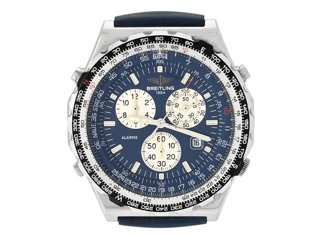 BREITLING, Navitimer, Jupiter Pilot, Cal B 59 (Miyota), Serie nr. 18897, Ref nr. A59028, kronograf, herrur, 41,5 mm, stål, quartz, mineralglas, datum, alarm, skadad urtavla, defekt (akut servicebehov), gummiband, ca 1994. — Klockor/Breitling — Kaplans