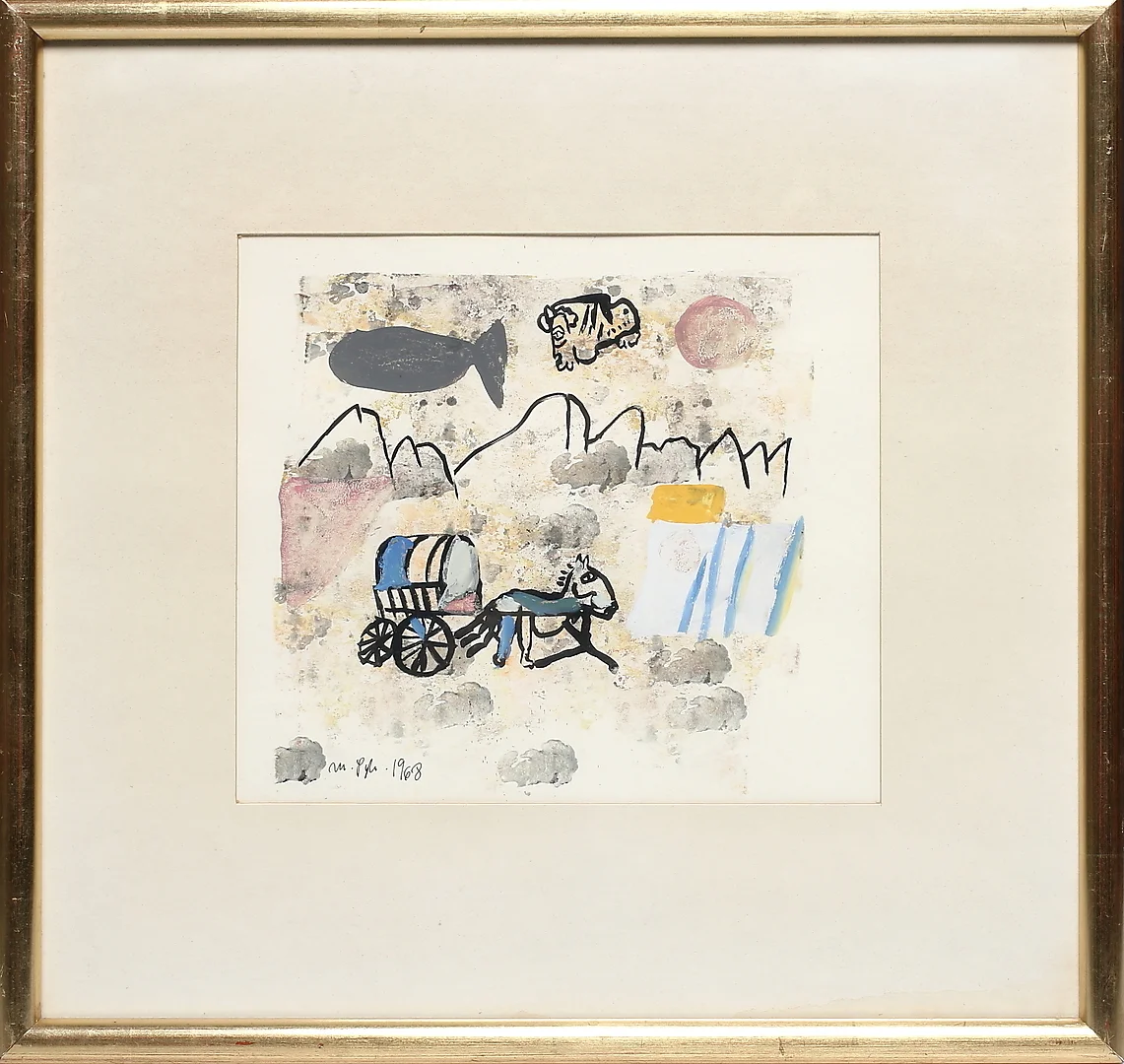 MADELEINE PYK. Häst med vagn, gouache. Signerad och daterad, M. Pyk 1968. — Paintings — Stadsauktion Sundsvall