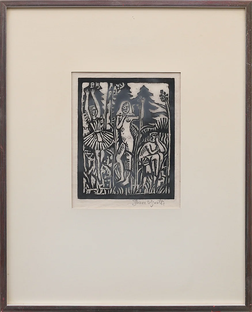 BROR HJORTH. Träsnitt, figurkomposition, signerat. — Other — Garpenhus Auktioner