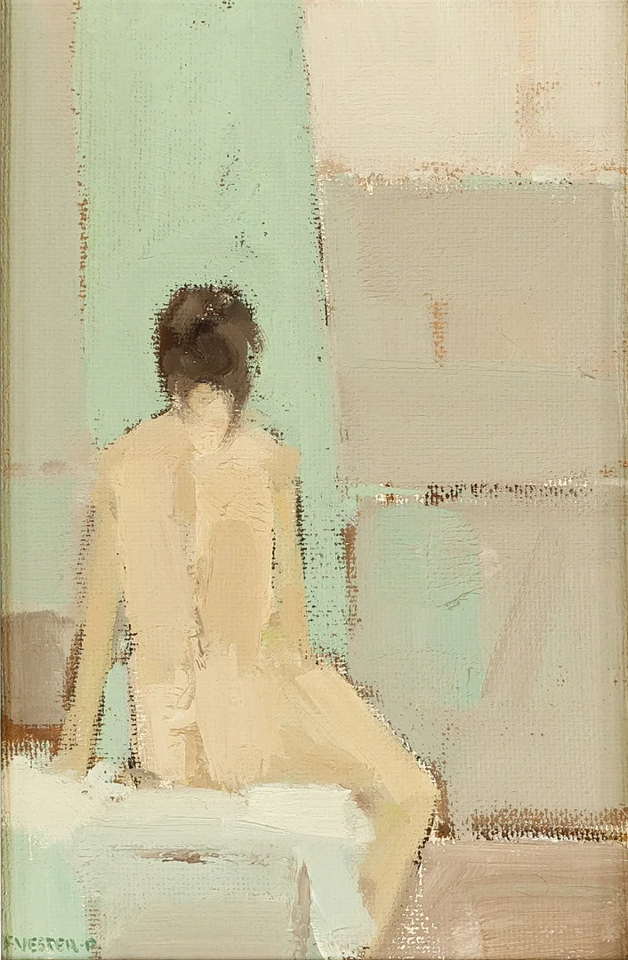FRANS VESTER-PEDERSEN (1934-1972). Modelstudie, siddende nøgen kvinde, olie på plade, signeret, Danmark. — Paintings — Palsgaard Kunstauktioner