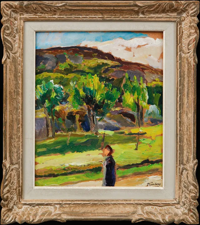 EVALD BJÖRNBERG. Landskap med figur i förgrund, olja på pannå, signerad och daterad.