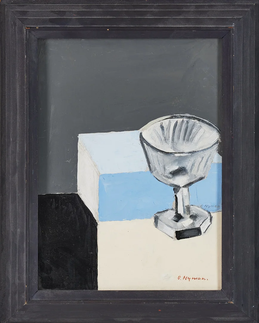 OLLE NYMAN. Stilleben med glas, olja på pannå, signerad. — Paintings — Stockholms Auktionsverk Magasin 5
