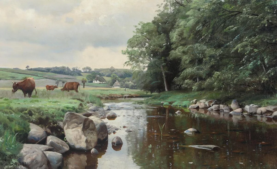 Scene from Halleby Å, Jyderup area. Signed and dated P. Mønsted, 1925, Strids Mølle. Oil on canvas. 41×66.5 cm. — Paintings — Bruun Rasmussen