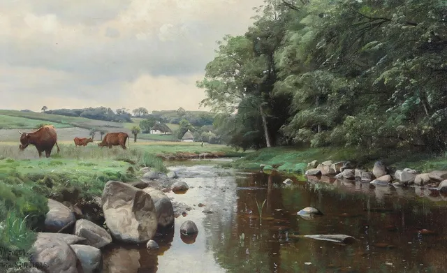 Scene from Halleby Å, Jyderup area. Signed and dated P. Mønsted, 1925, Strids Mølle. Oil on canvas. 41×66.5 cm.