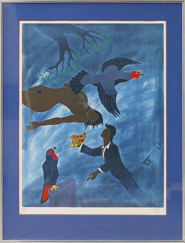 HENRY UNGER. Surrealistisk bild, färglitografi, signerad och numrerad 18/40.