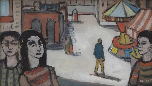 ERIK HEINERTZ. Karusell vid torg, olja på glas, signerad.