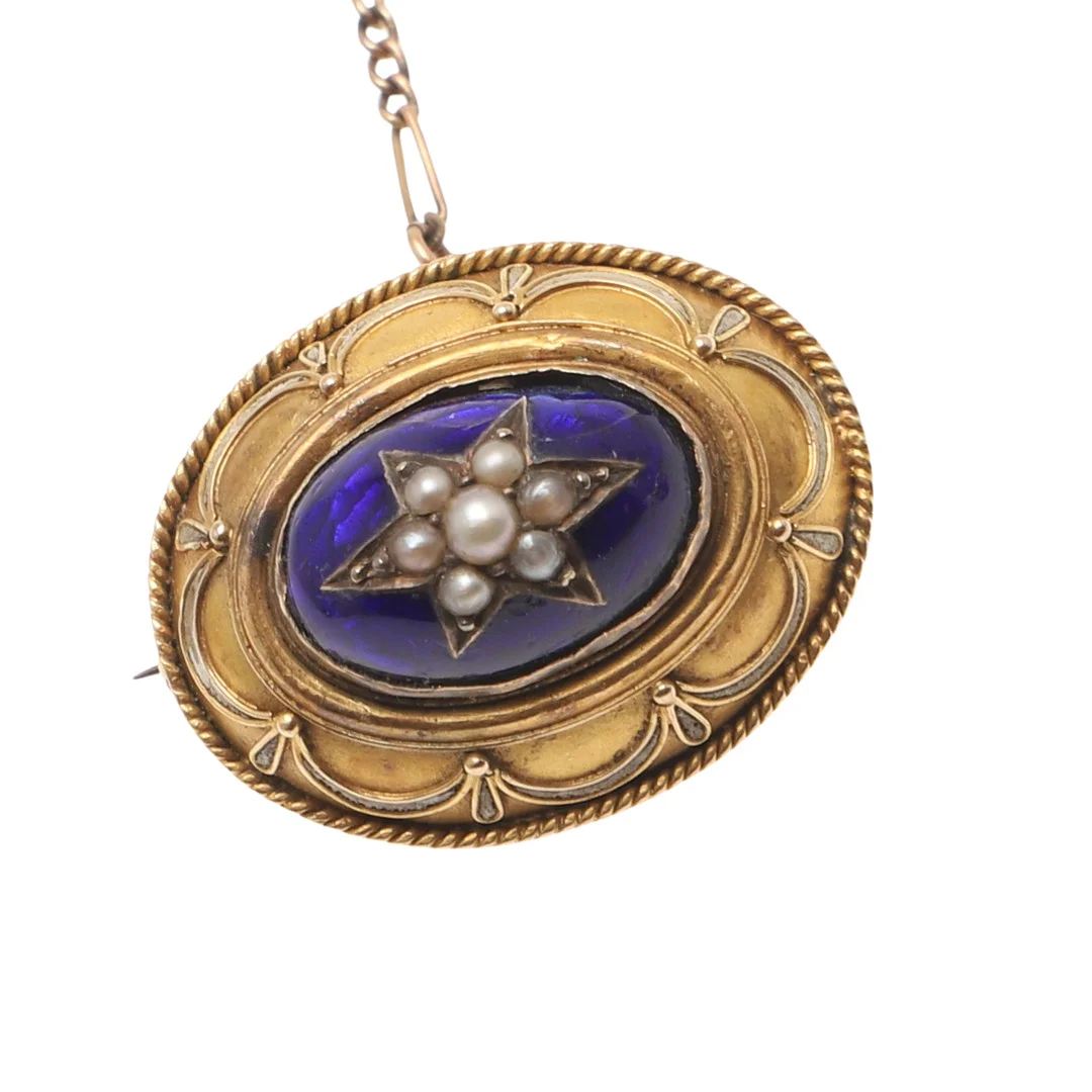A VICTORIAN GOLD, BLUE ENAMEL AND PEARL BROOCH. — Brooches & Pendants — Lawrences Auctioneers