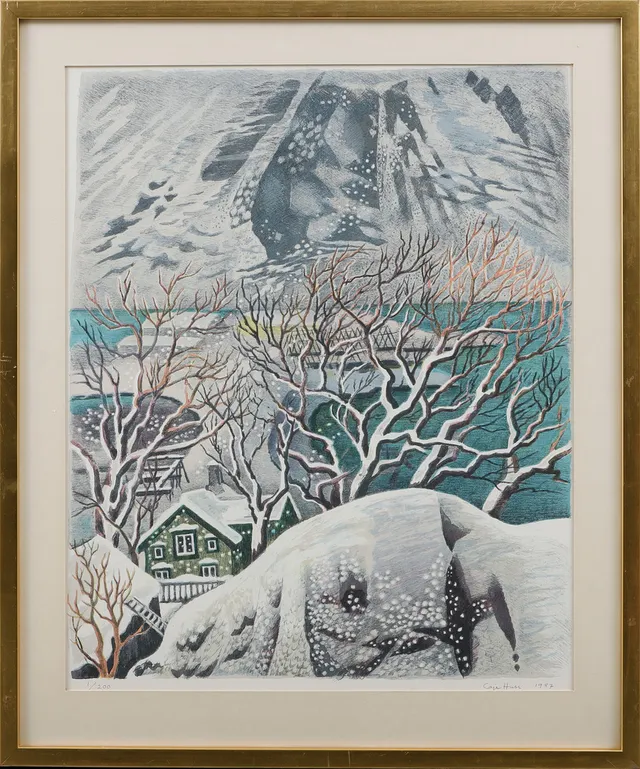 CAJE HUSS. Vinterbild, färglitografi, signerad och numrerad 1/200.