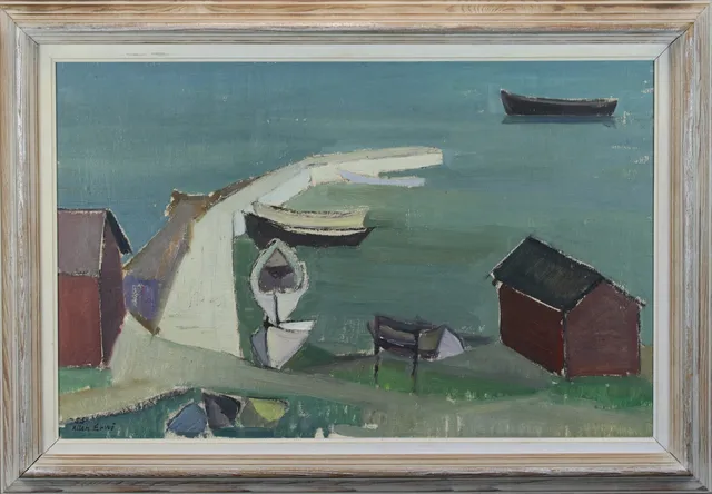 ALLAN ERWÖ. Olja på duk, "Hamnen Kattvik", signerad -55.