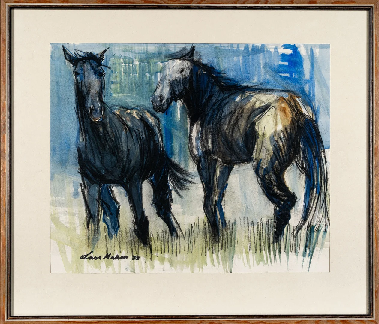 LARS MATSON. Blandteknik på papper, Motiv av hästar, 1973. — Paintings — Norrlands Auktionsverk
