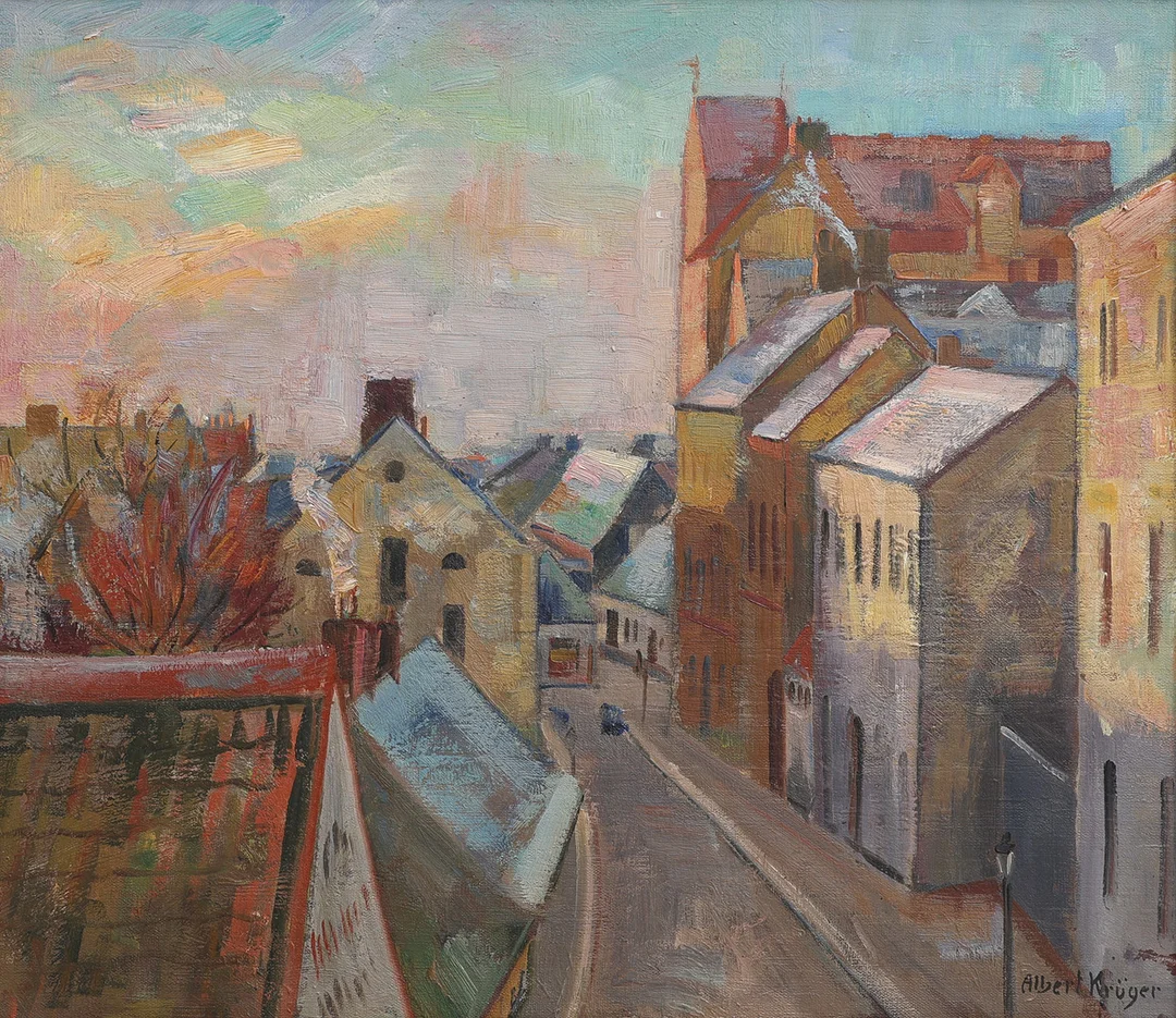 ALBERT KRÜGER. "FROSTIG MORGON", MOTIV FRÅN VÅRFRUGATAN, LUND. — Paintings — Crafoord Auktioner Lund