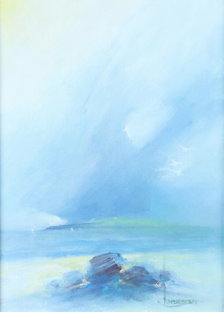 ROLF LINDSTEDT. Kustparti i blått, o, signerad Lindstedt. — Paintings — Helsingborgs Auktionskammare
