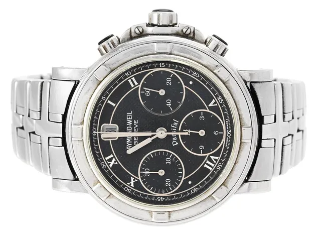 RAYMOND WEIL, Geneve, Parsifal, Cal 7200 (ETA 2892A2, Ref nr. 7231, Serie nr. B402282, kronograf, herrur, 39,5 mm, stål, automatisk, safirglas, datum, skadad urtavla, servciebehov, originallänk, viklås, ca 2000, box.