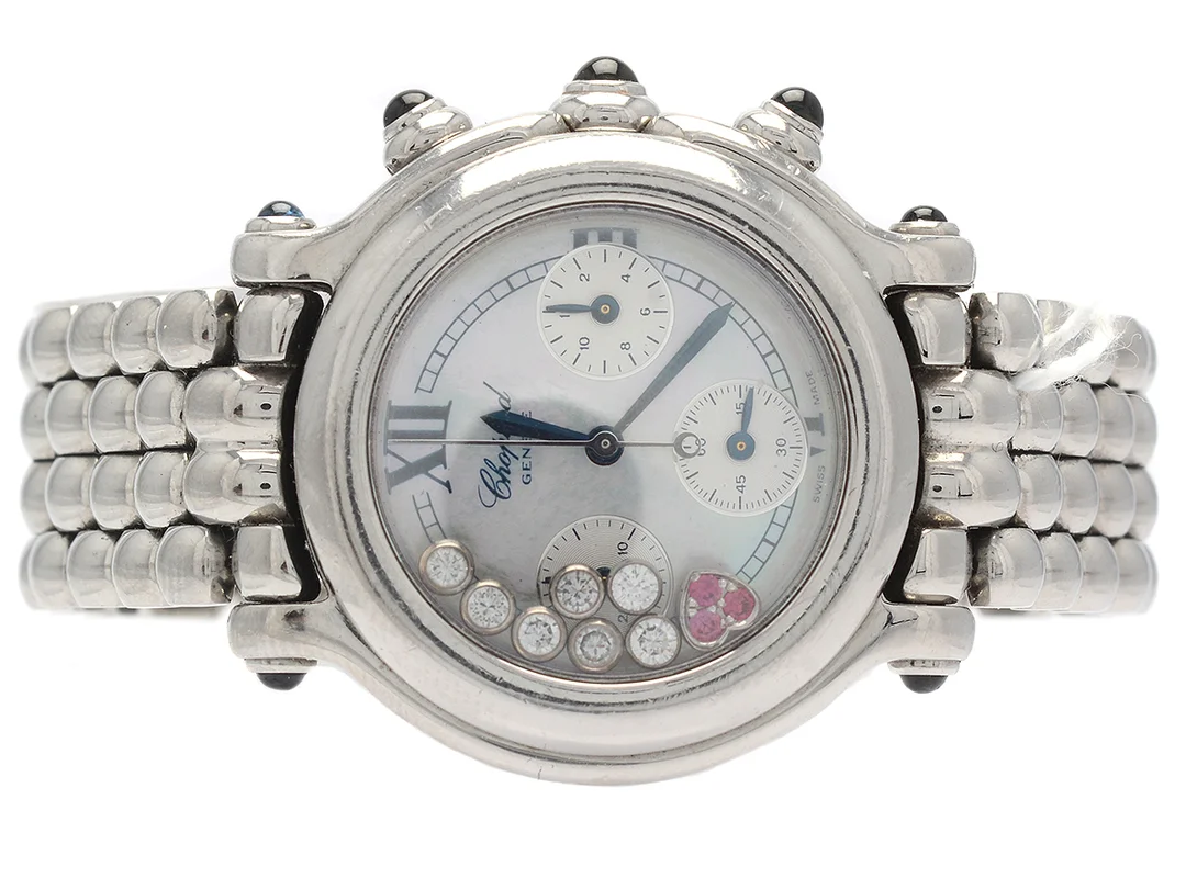 Chopard, Happy Sport, damur, 32mm, stål, quartz, safirglas, pärlemorurtavla, briljanter 7xca0,03ct TW/VVS, rubiner 3st, safirer 7st, snr 654716, boettnr 2778323-23/8323, kronograf fungerar ej, ca -99, originallänk ca16,5cm, viklås — Klockor/Chopard — Kaplans