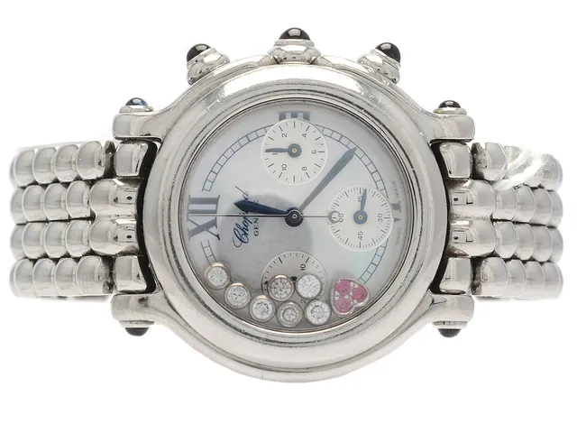 Chopard, Happy Sport, damur, 32mm, stål, quartz, safirglas, pärlemorurtavla, briljanter 7xca0,03ct TW/VVS, rubiner 3st, safirer 7st, snr 654716, boettnr 2778323-23/8323, kronograf fungerar ej, ca -99, originallänk ca16,5cm, viklås
