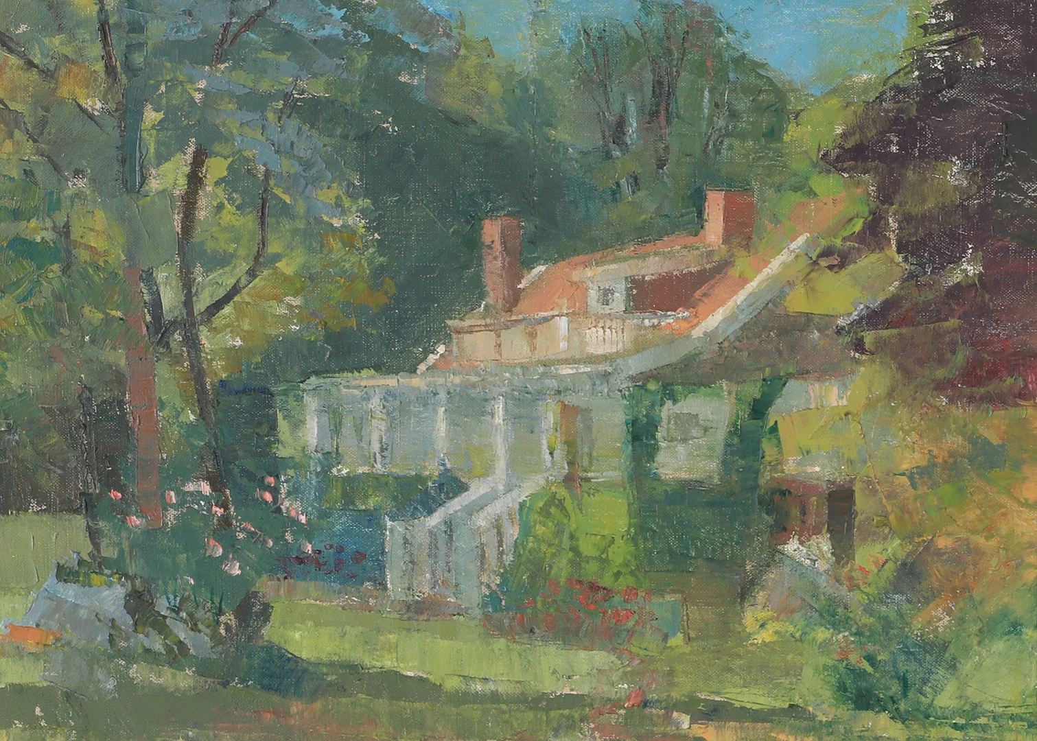 INGA BERG. "Sommarställe", olja på duk, signatur på baksidan. — Paintings — Helsingborgs Auktionskammare