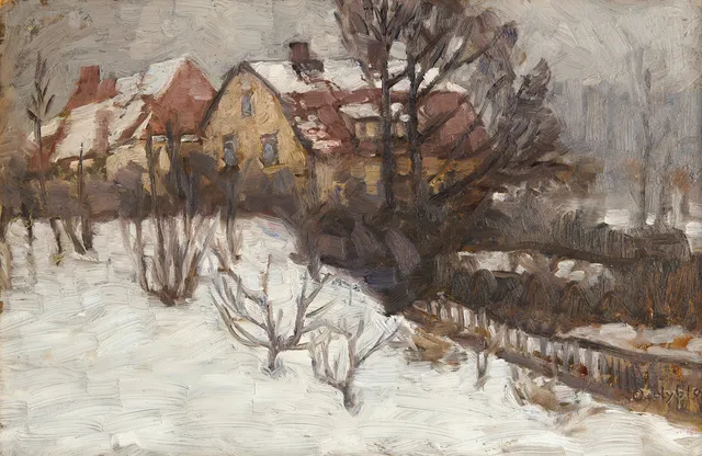 OLGA NYBLOM (Göteborg 1872-1955 Nacka):, Hus i vinterskrud, signerad, olja på pannå.