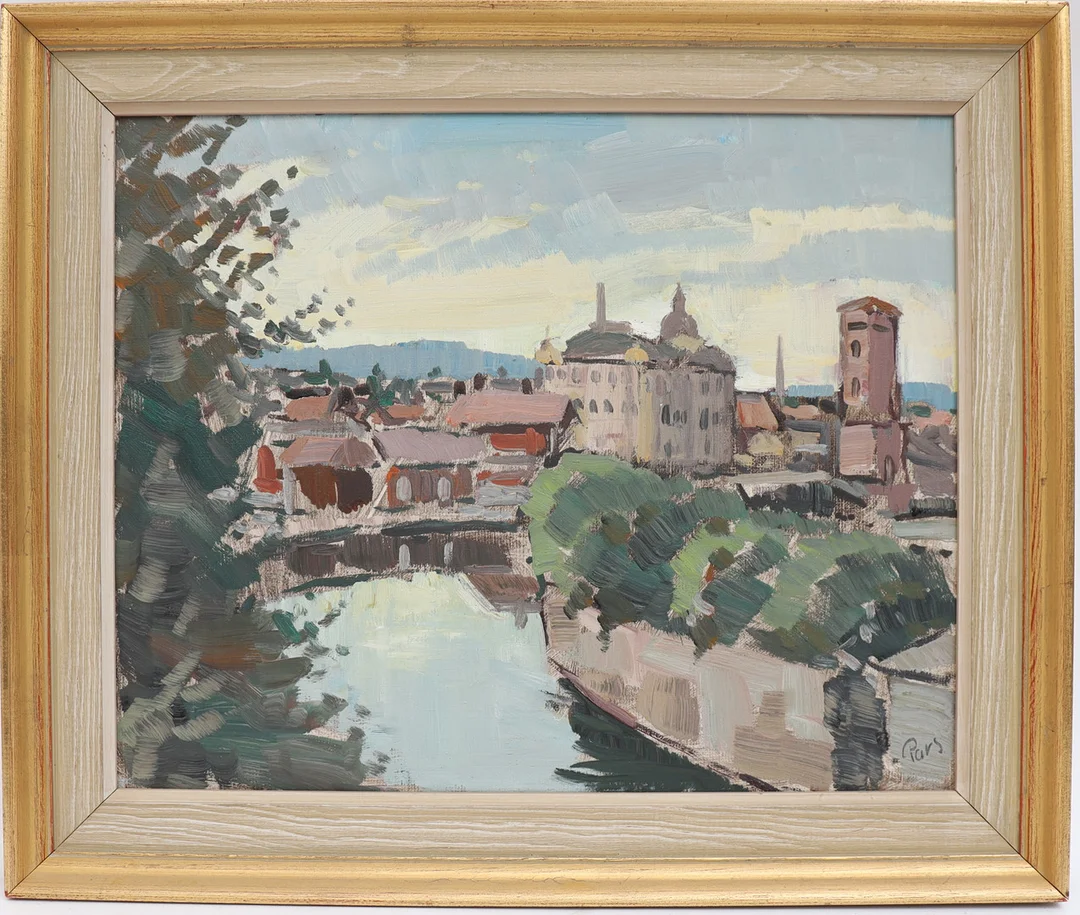 FOLKE PARS. Stadsbild, oljemålning på duk, signerad. — Paintings — Falun Auktionsbyrå