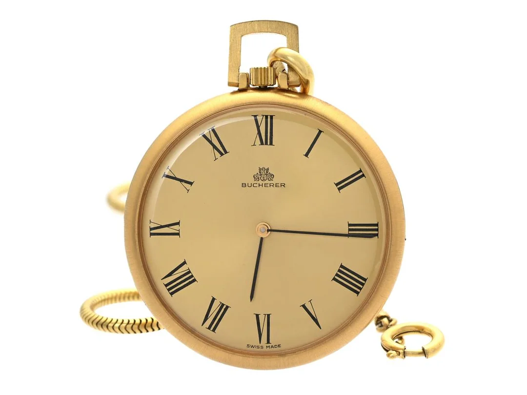 BUCHERER, frackur, 42 mm, Cal Peseux 7040, Boett nr. 10.287, doublé (10 micron), ankargång, defekt (går ej), ca 1960, fickurskedja i gulmetall, etui. — Klockor/Bucherer — Kaplans