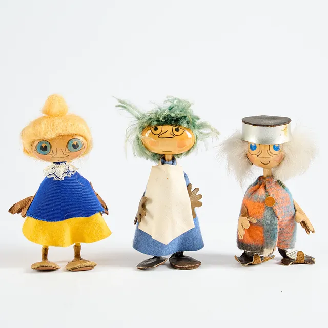 ATELIER FAUNI. Mumindockor, "Mymlan", "Misan" samt "Rådd-djuret", 1955-71, Finland.