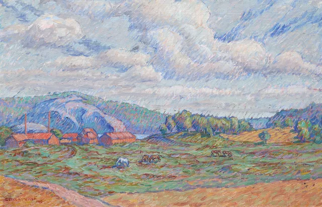 ESTER ALMQVIST. OLJA PÅ DUK, "TEGELBRUK VID MÄLAREN", SIGNERAD OCH DATERAD 1915.