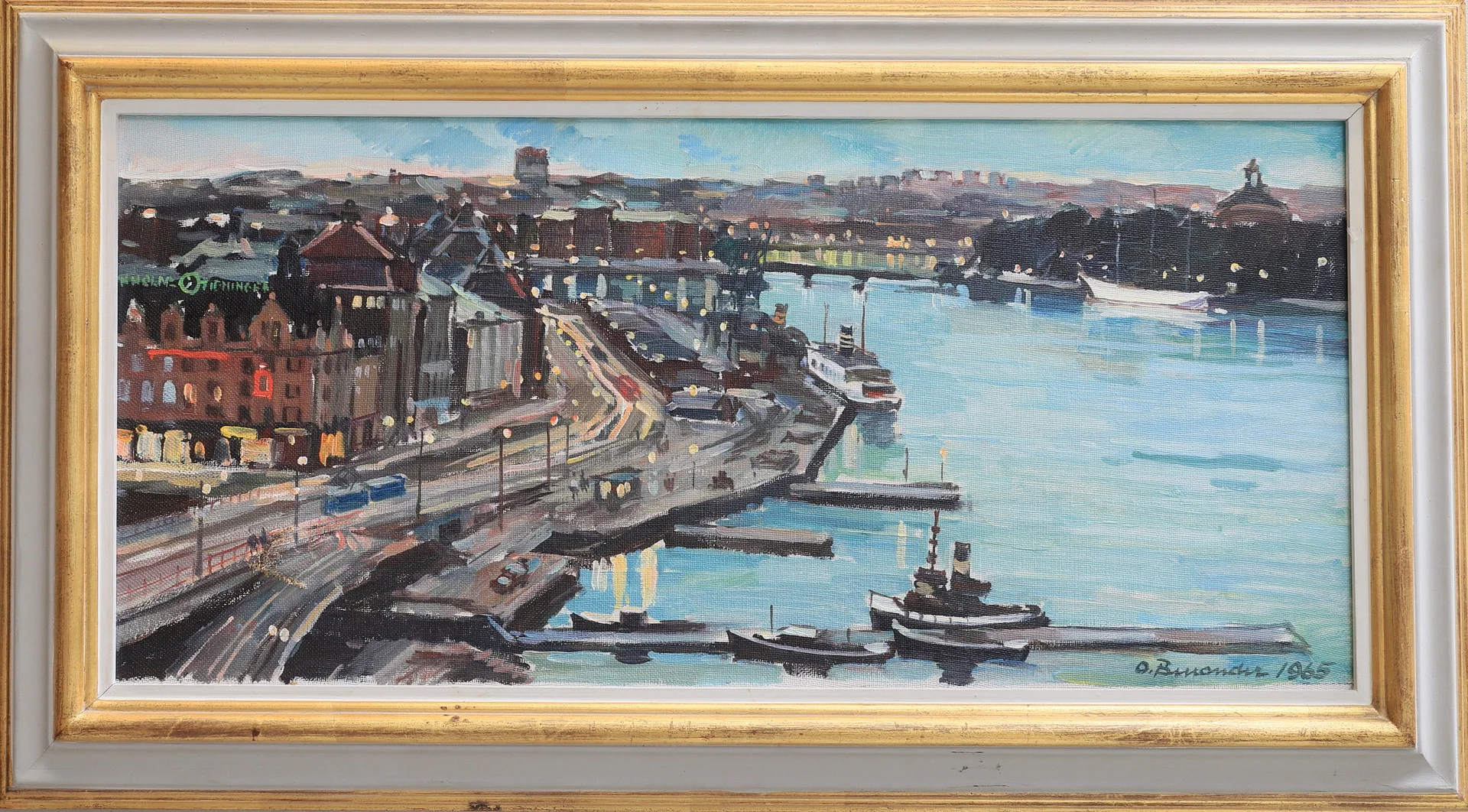 OLOF BENANDER. Kvällsvy över gamla slussen, olja på duk, signerad och daterad -65. — Paintings — Gomér & Andersson Nyköping