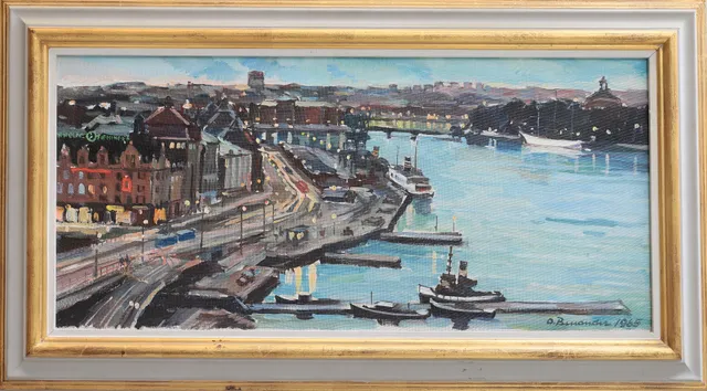 OLOF BENANDER. Kvällsvy över gamla slussen, olja på duk, signerad och daterad -65.